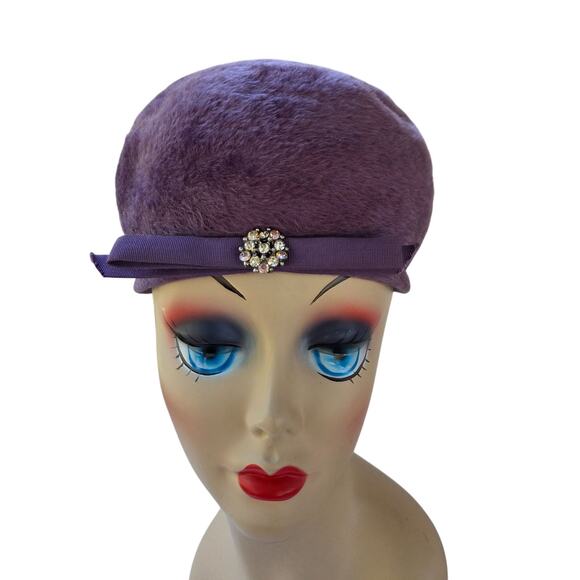 1960s Mr D French Room Lavender Fur Felt Hat | Vintage Rhinestone Pillbox - Picture 5 of 12